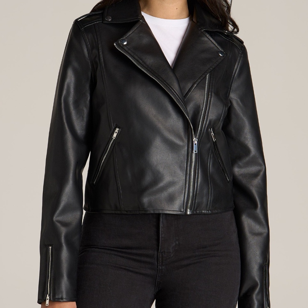 American Tall Cropped Faux Leather Moto Jacket for Tall Women in Black Size 2XL2